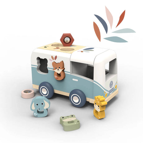Wooden van shape sorter toy with colorful animal blocks designed for toddlers to develop motor skills and creativity.