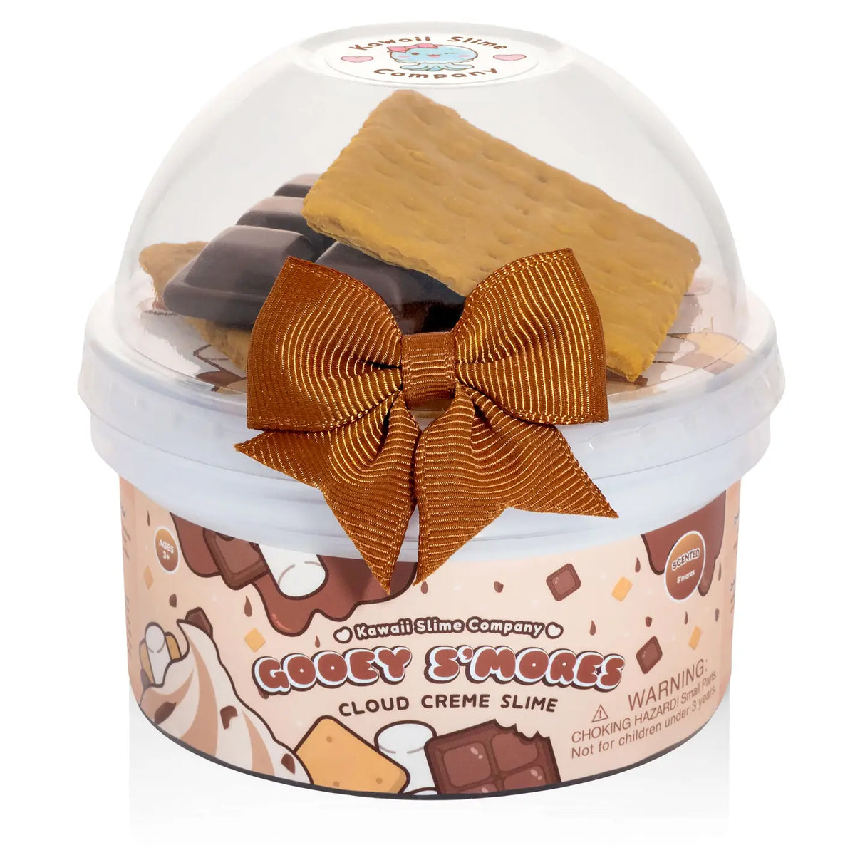 Gooey S'mores Cloud Creme Slime in container with chocolate bar, graham cracker charms, and a brown bow on lid.