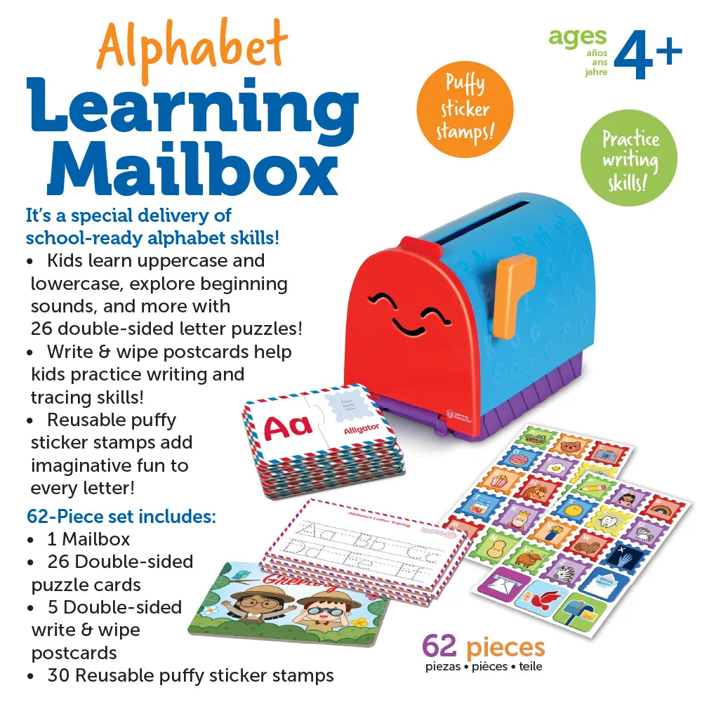 Alphabet Learning Mailbox with colorful mailbox, letter puzzles, write & wipe postcards, and reusable sticker stamps for ages 4+