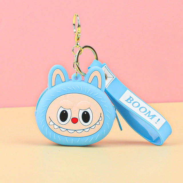 Labubu Head Coin Purse in blue with a cheerful face and keyring attachment for easy carrying and safe coin storage.