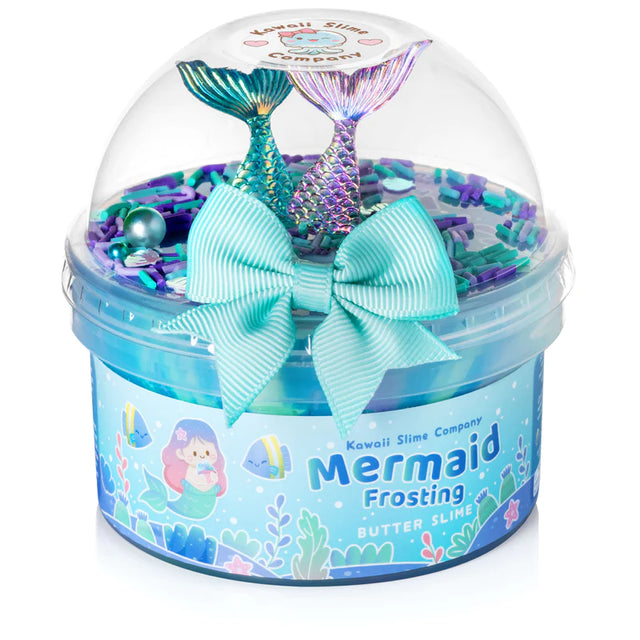 Mermaid Frosting Butter Slime in blue container with mermaid tails, bow, and colorful toppings for playful sensory fun.