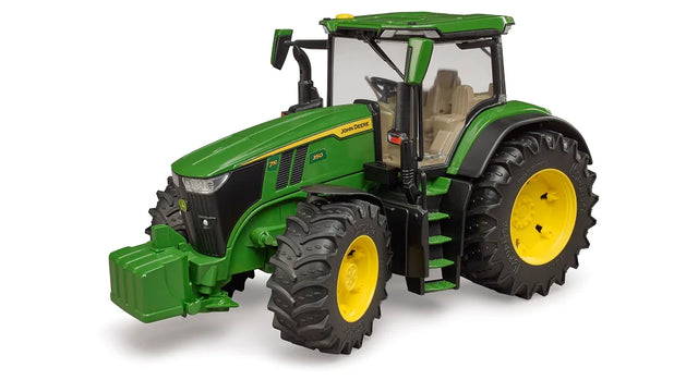 John Deere 7R 350 Tractor model with fully glazed cabin, opening doors, and detailed off-road tires in green and yellow.