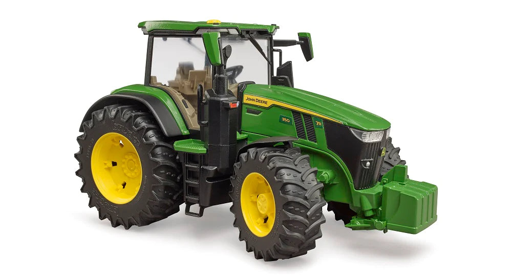 John Deere 7R 350 Tractor toy with fully glazed cabin, opening doors, and off-road floating front axle for kids ages 4+.