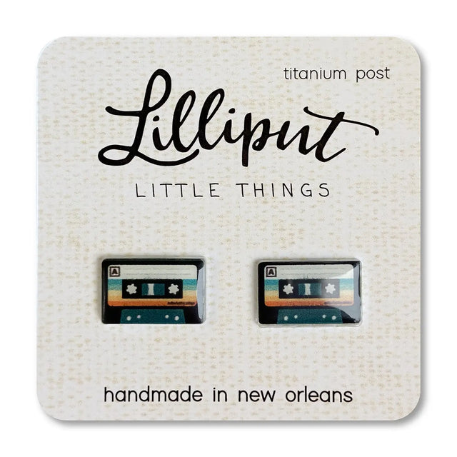 Retro Cassette Earrings with vibrant waterproof print, hypoallergenic titanium posts, and handmade in New Orleans.