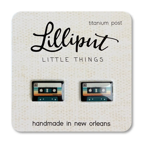 Retro Cassette Earrings with vibrant waterproof print, hypoallergenic titanium posts, and handmade in New Orleans.