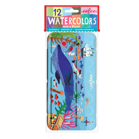 Watercolors Tin | In the Sea with vibrant underwater illustration, 12 colors, and included brush in a compact tin box.