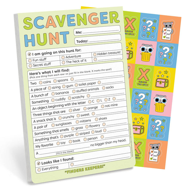 Scavenger hunt notepad for kids with fun prompts and colorful stickers to inspire indoor and outdoor adventures.