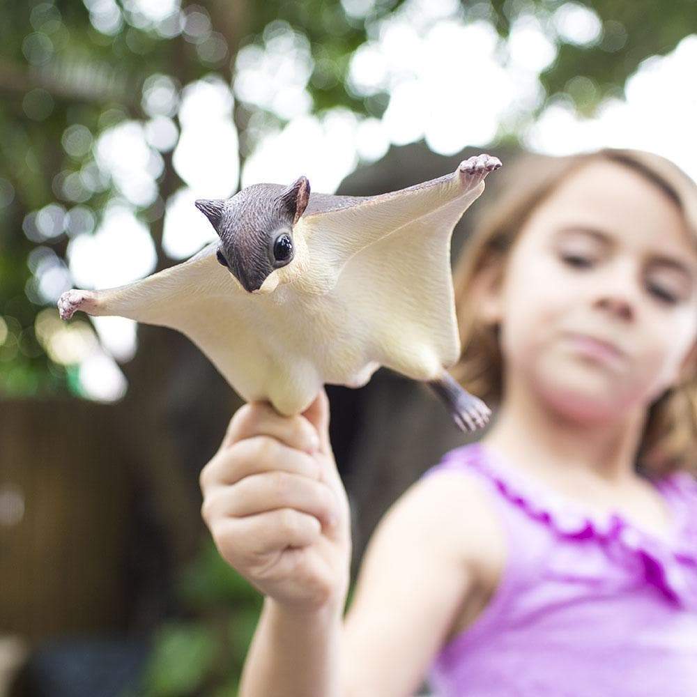 Flying Squirrel lifelike model showing gliding membrane held by child outdoors in natural setting.