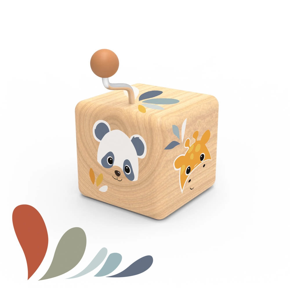 Wooden music box with adorable panda and giraffe illustrations and a winding handle for soothing melodies and playtime fun