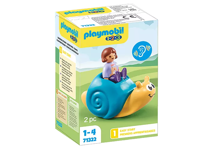 123 Rocking Snail toy with rattle feature and a Playmobil figure, designed for children ages 1 1/2 and up.