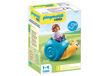 123 Rocking Snail toy with rattle feature and a Playmobil figure, designed for children ages 1 1/2 and up.
