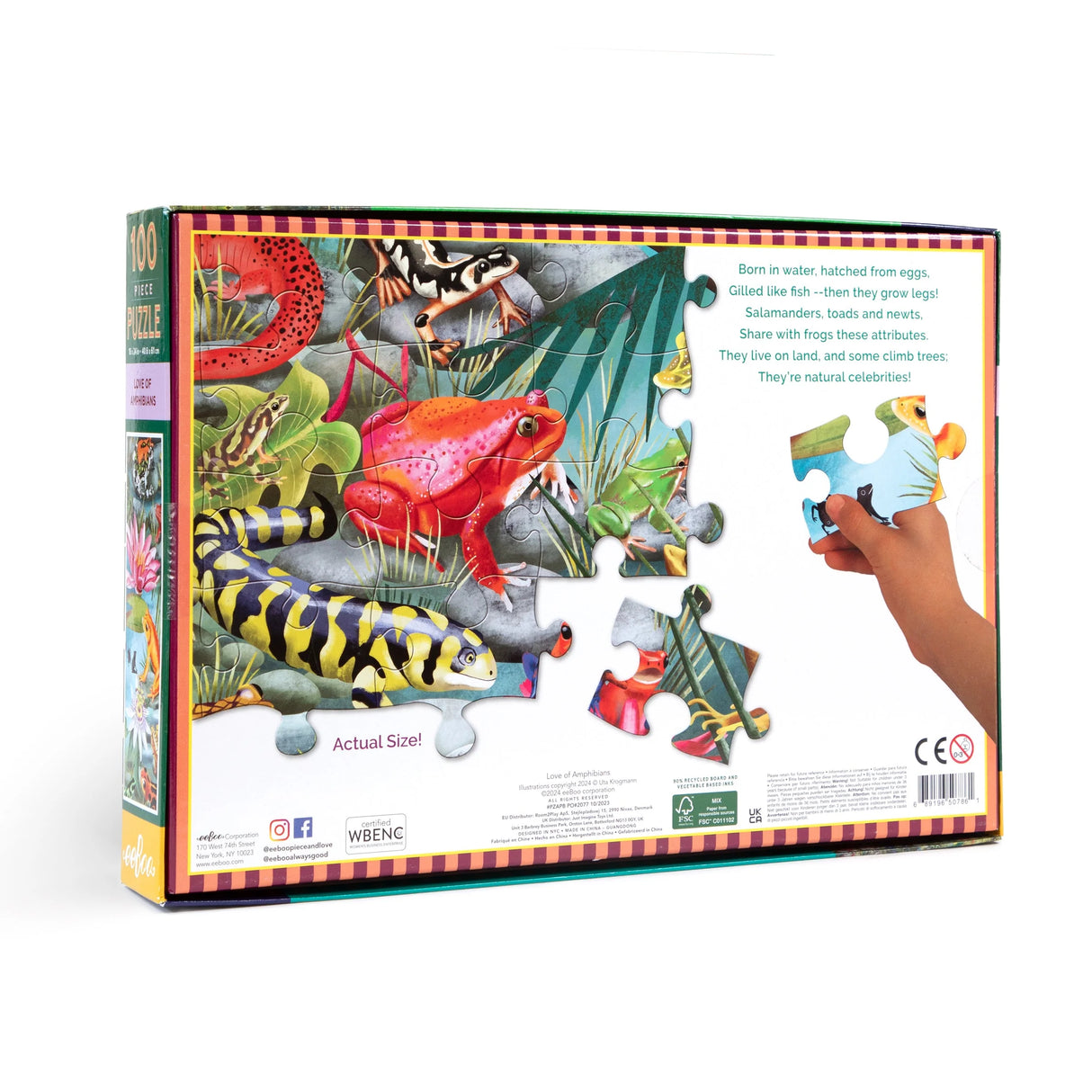 100pc Love of Amphibians Puzzle box showing colorful frogs, newts, salamanders, and a hand placing a puzzle piece.