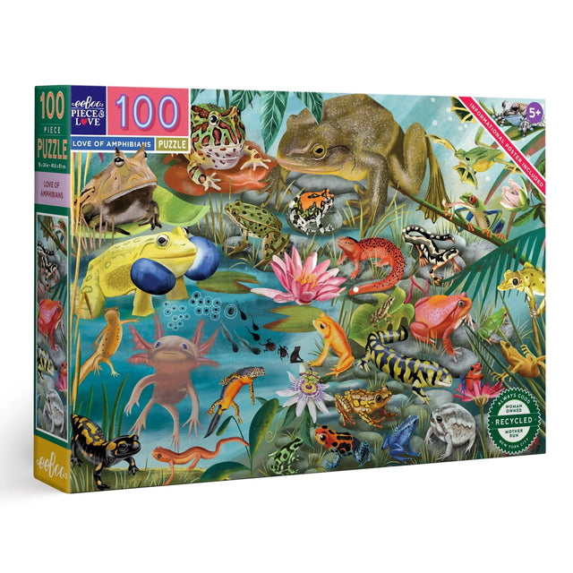 100pc Love of Amphibians Puzzle with detailed illustrations of frogs, newts, and salamanders by Uta Krogmann.