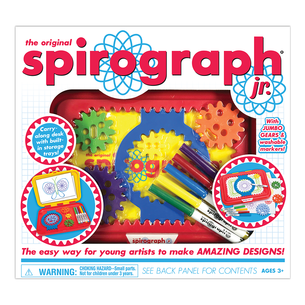 Spirograph Original Jr with jumbo gears, washable markers, and a carry-along drawing desk for kids ages 3 and up.