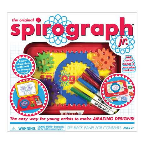 Spirograph Original Jr with jumbo gears, washable markers, and a carry-along drawing desk for kids ages 3 and up.