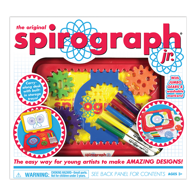 Spirograph Original Jr with jumbo gears, washable markers, and a carry-along drawing desk for kids ages 3 and up.