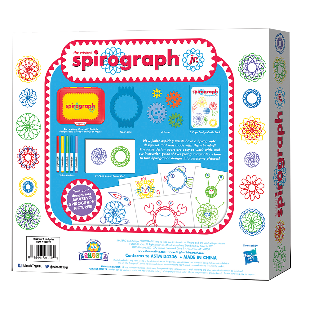 Spirograph Original Jr design set with jumbo gears, washable markers, design paper, and drawing tablet for kids.