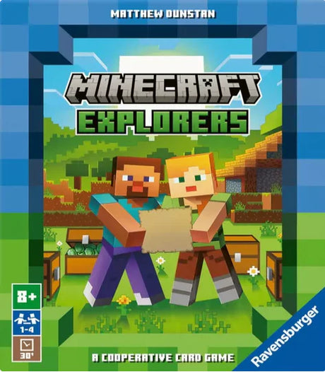 Minecraft Explorers Card Game box featuring two characters exploring a blocky landscape with treasure chests.
