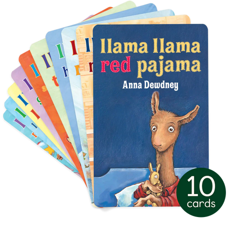 Stack of ten colorful Yoto Cards featuring the Llama Llama book collection with the title Llama Llama red pajama visible