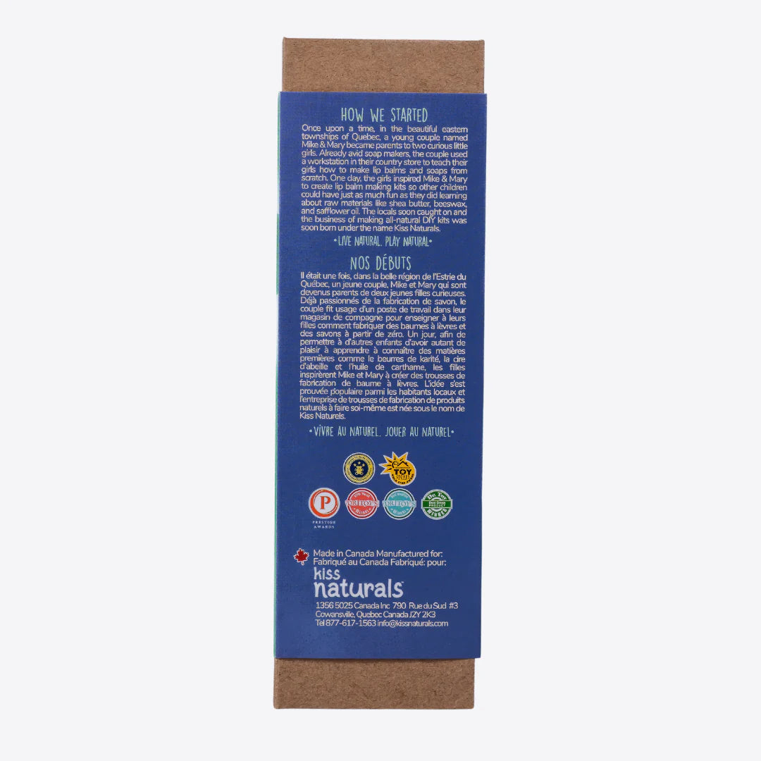 DIY Bath Bomb Kit packaging showing eco-friendly materials and product story on a brown cardboard box.