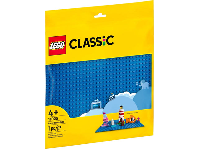 LEGO Classic Blue Baseplate (11025) in packaging, a 32x32-stud blue building base for creative play ages 4 and up.