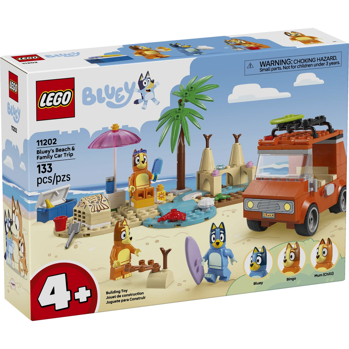 LEGO Bluey Beach and Family Car Trip set with car, minifigures, palm tree, sandcastle, and beach accessories for kids ages 4 and up