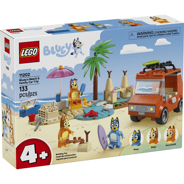 LEGO Bluey Beach and Family Car Trip set with car, minifigures, palm tree, sandcastle, and beach accessories for kids ages 4 and up