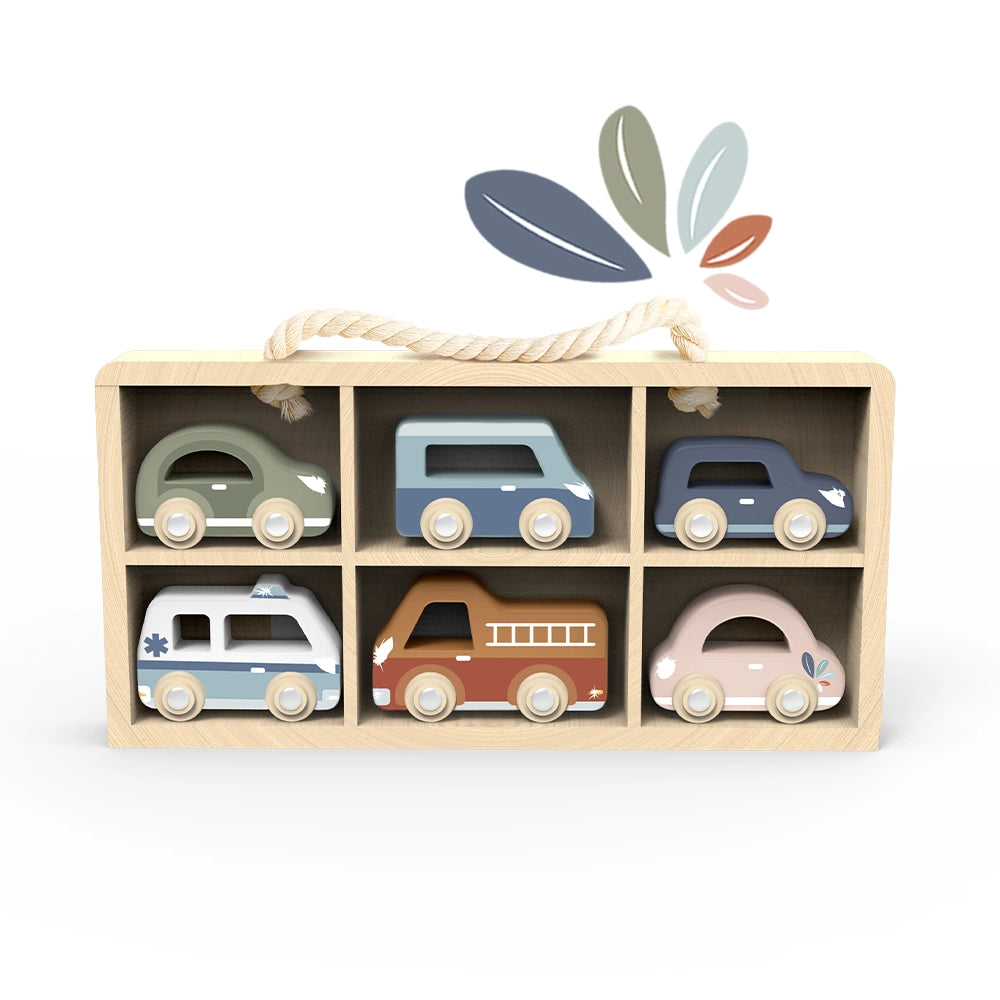 Wooden display case with six colorful toy cars in compartments, designed for toddlers and easy to grip and play with.