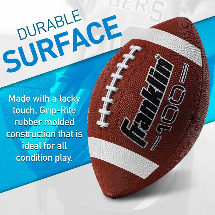 Grip-Rite 100 Junior Rubber Football with durable, waterproof molded rubber surface and pro style raised lacing for superior grip.