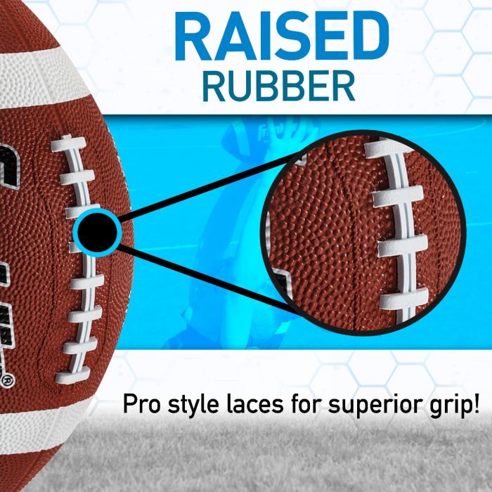 Grip-Rite 100 Junior Rubber Football showing pro style raised rubber laces for superior grip and water-proof pebble surface.