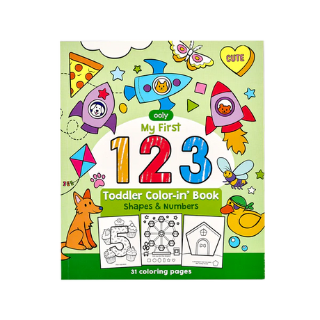 Color-In' Book My First 123 with cute animals and shapes for toddlers to learn numbers and coloring fun.