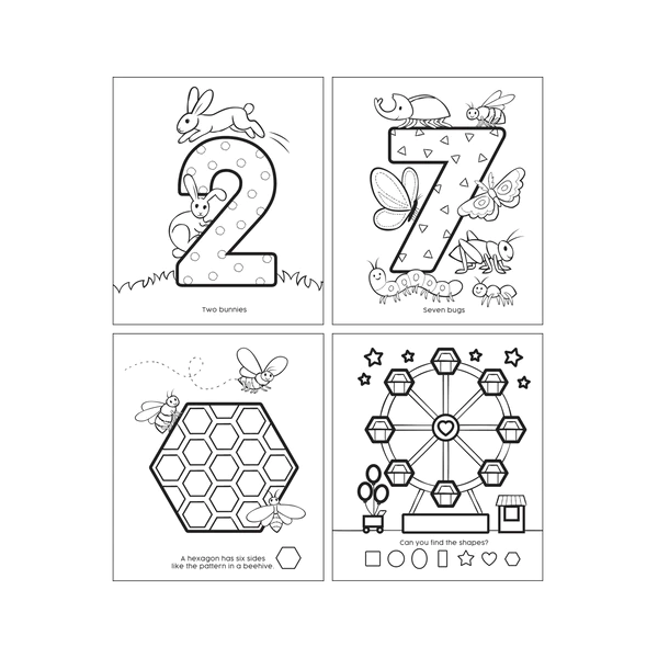 Color-In' Book My First 123 featuring cute animals and shapes to color and learn numbers and shapes for toddlers.