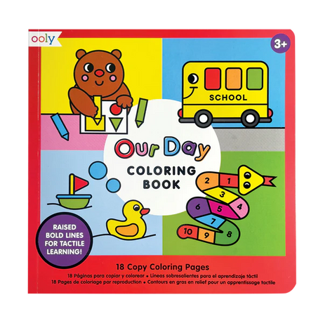 Our Day Coloring Book with raised outlines and simple illustrations for tactile learning and creative fun for kids 3 and up.