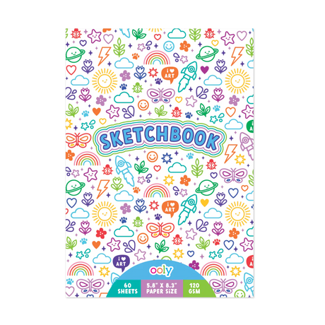 Colorful Doodles Sketchbook with 60 sheets, travel-friendly 5.8” x 8.3” size, perfect for kids’ creative drawings.