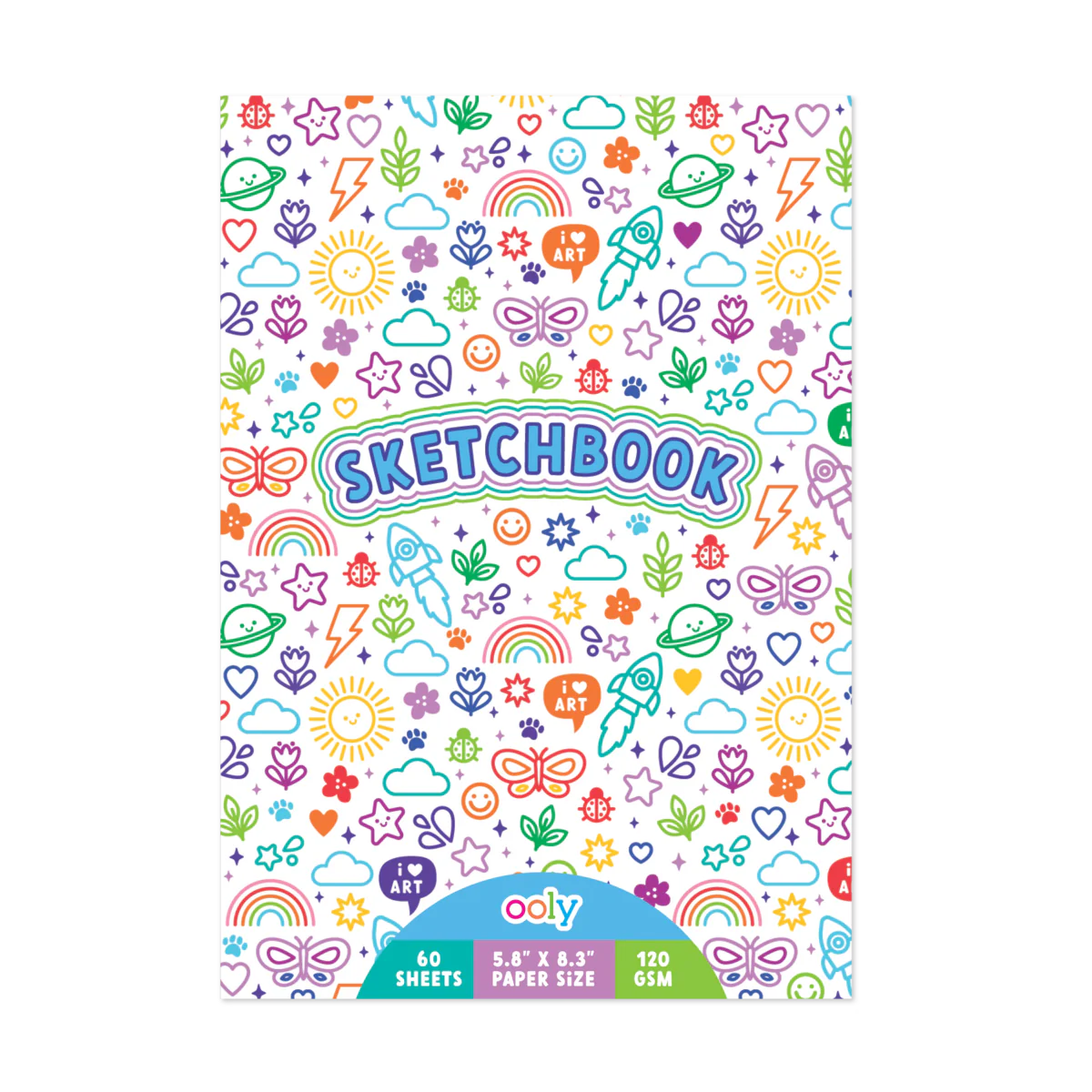 Colorful Doodles Sketchbook with 60 sheets, travel-friendly 5.8” x 8.3” size, perfect for kids’ creative drawings.