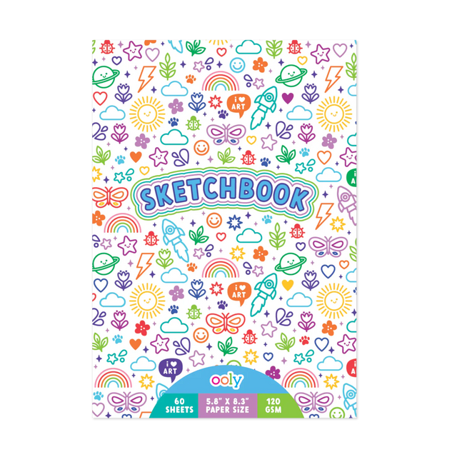 Colorful Doodles Sketchbook with 60 sheets, travel-friendly 5.8” x 8.3” size, perfect for kids’ creative drawings.