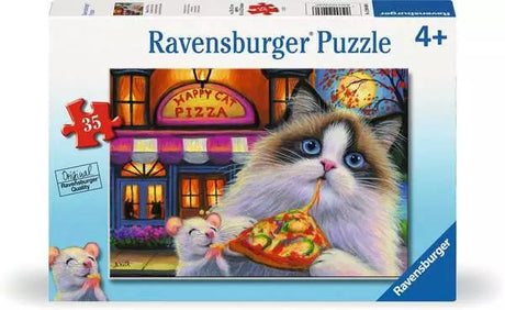 35pc Happy Cat Pizza Puzzle featuring a whimsical cat and mice sharing pizza, perfect for children ages 4 and up.