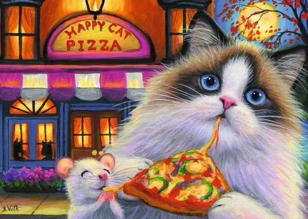 35pc Happy Cat Pizza Puzzle shows a cute cat and mouse sharing a slice outside Happy Cat Pizza restaurant.