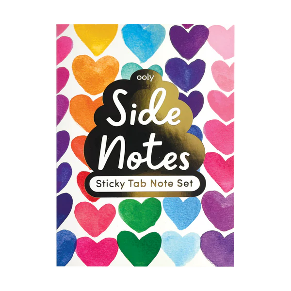Rainbow Hearts Sticky Tabs with colorful heart patterns on the cover for notes and organization.