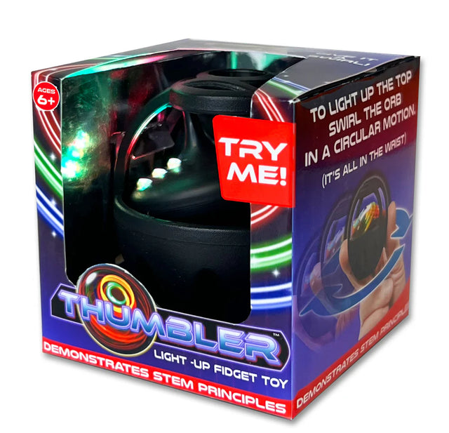 Thumbler handheld spinning top in packaging with light-up LED display and fidget toy for ages 6 and up.