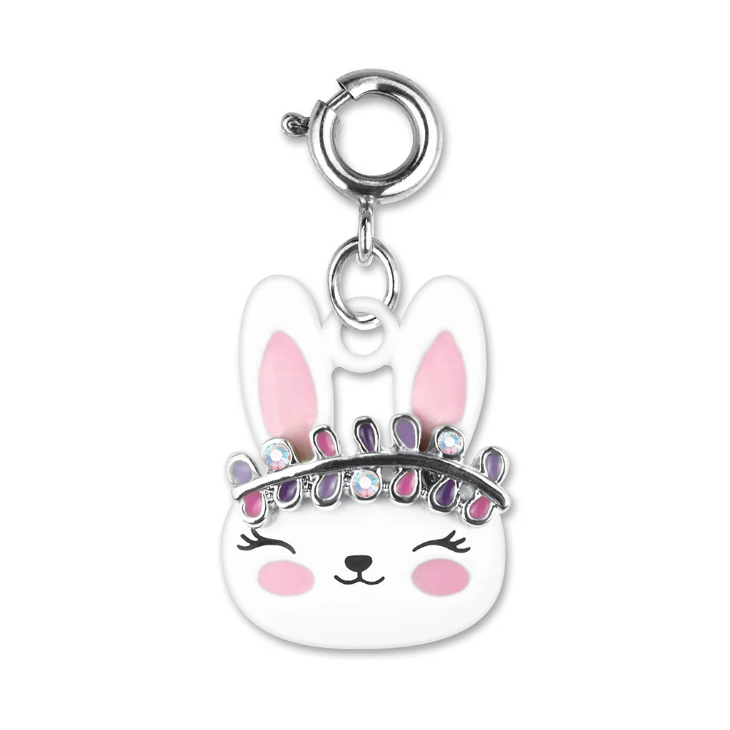 Boho Bunny Charm featuring a cute white bunny with pink ears and a jeweled headband enamel and acrylic design.