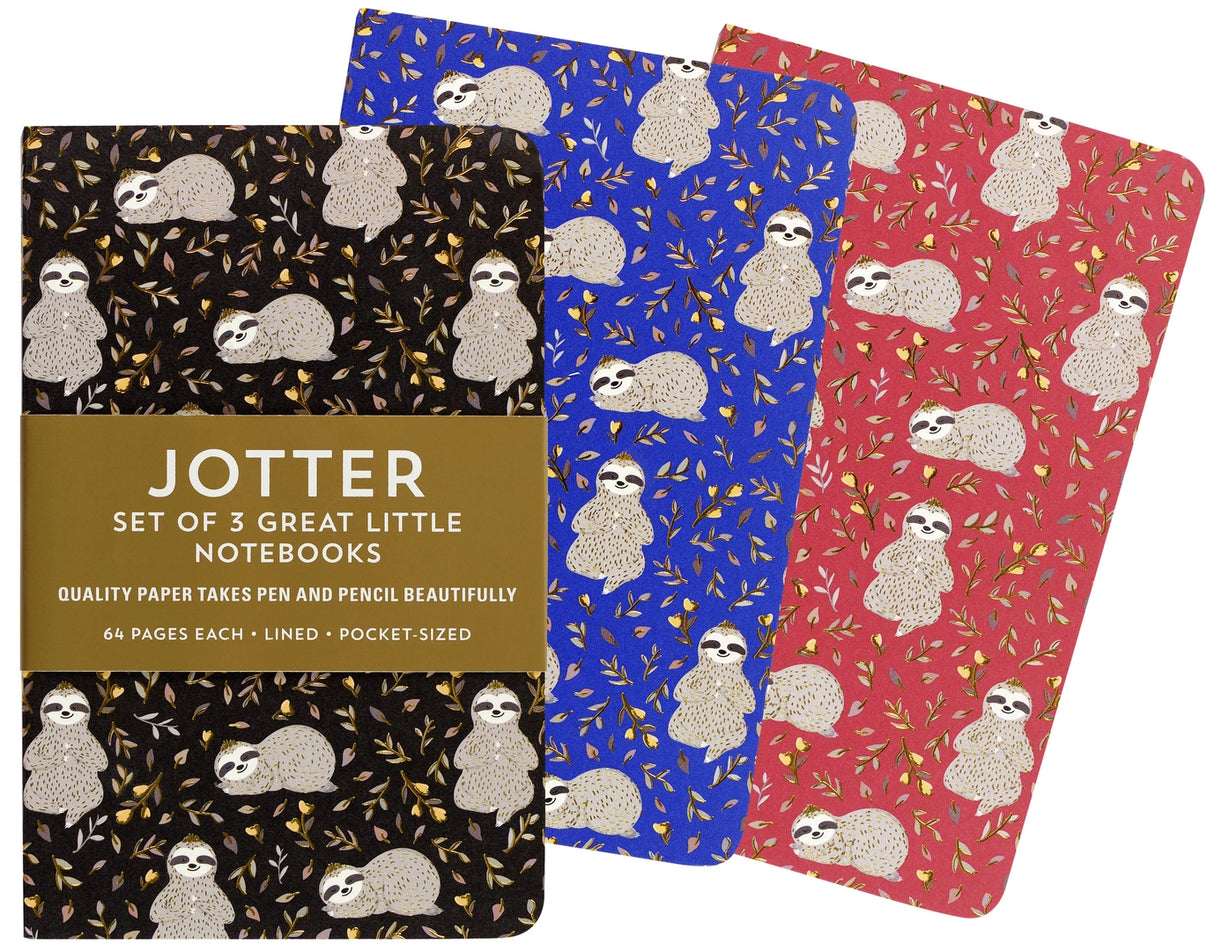 Three compact mini notebooks with sloth patterns in black, blue, and red with gold foil accents