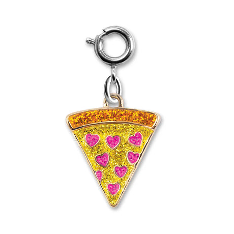 Glitter Pizza Charm with yellow enamel and pink heart-shaped pepperoni, perfect for bracelets or necklaces.