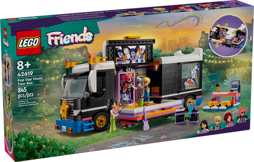 LEGO Friends Pop Star Music Tour Bus with stage, instruments, and four characters for imaginative play.