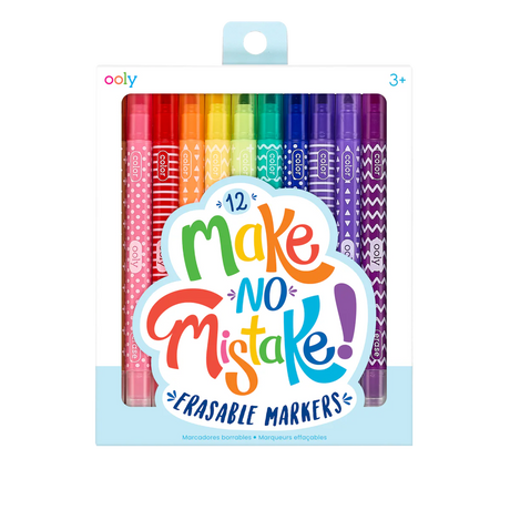 Make No Mistake Erasable Markers twelve vibrant colors with dual tips for coloring and erasing mistakes easily.