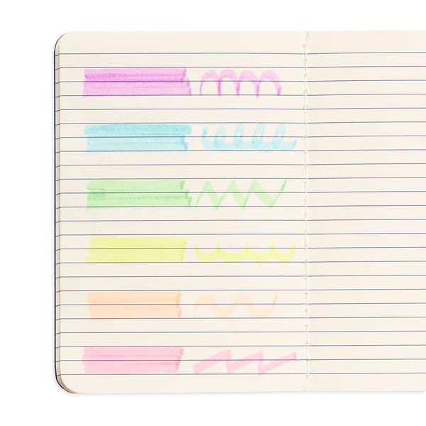 Oh My Glitter! Liquid Glitter Highlighters swatches in neon colors with sparkly glitter ink on lined notebook pages.