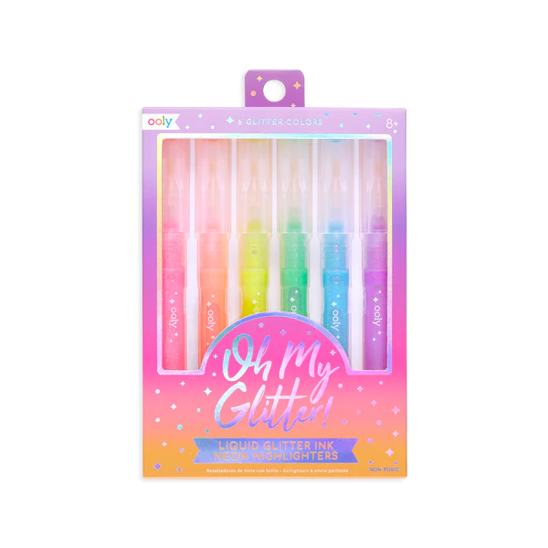 Oh My Glitter! Liquid Glitter Highlighters set of six neon colors with glittery chisel tip ink for highlighting and decorating.