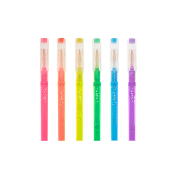 Oh My Glitter! Liquid Glitter Highlighters set of 6 neon colors with sparkly ink and chisel tips in iridescent barrels.