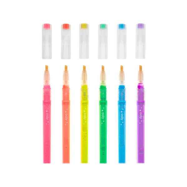 Oh My Glitter! Liquid Glitter Highlighters set of 6 neon sparkly colors with clear glittery barrels and chisel tips.