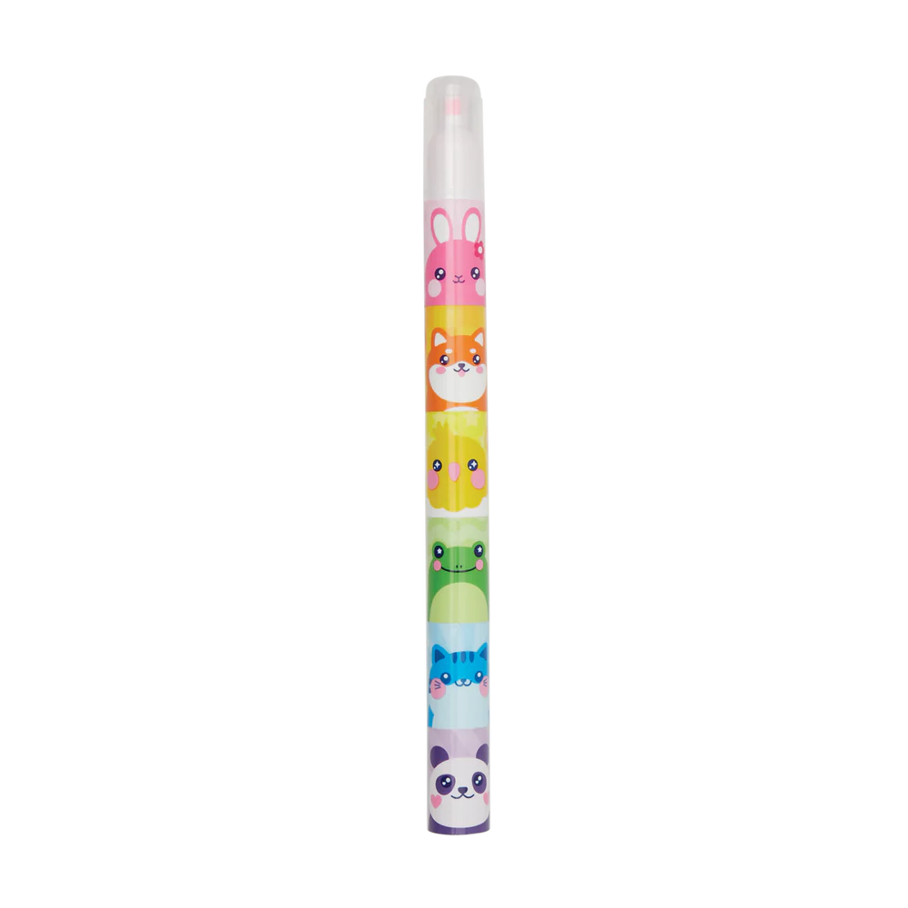 Hey! Critters Stacking Highlighters with six neon mini highlighters featuring cute animal faces stacked vertically.